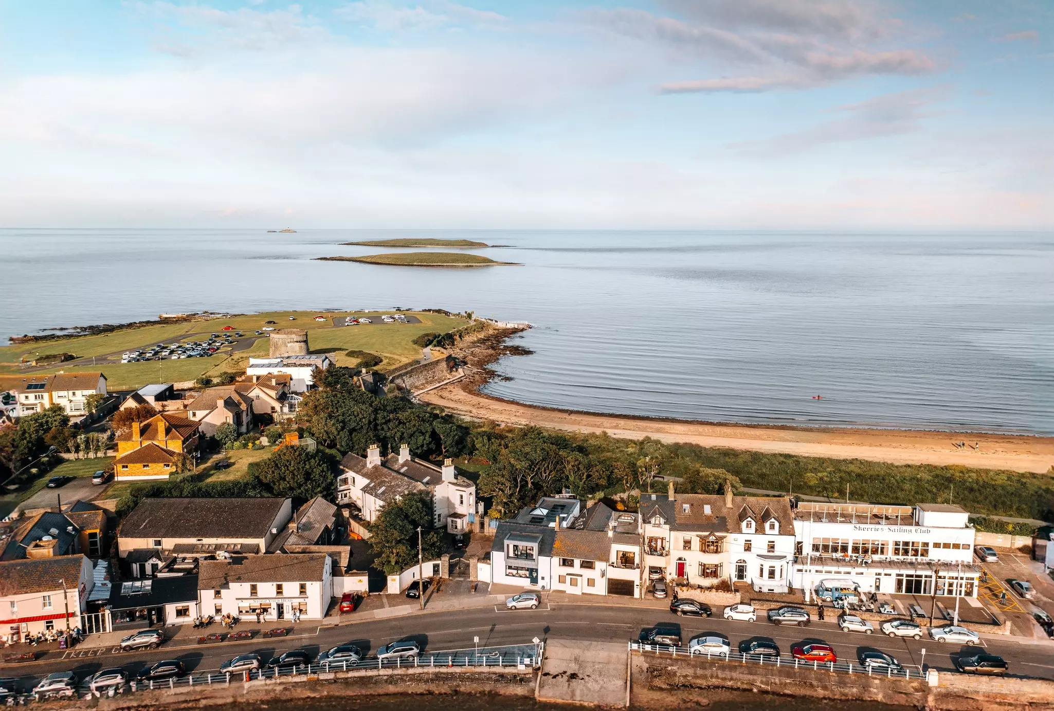 A view over the town and beach at Skerries, Ireland, at sunset.