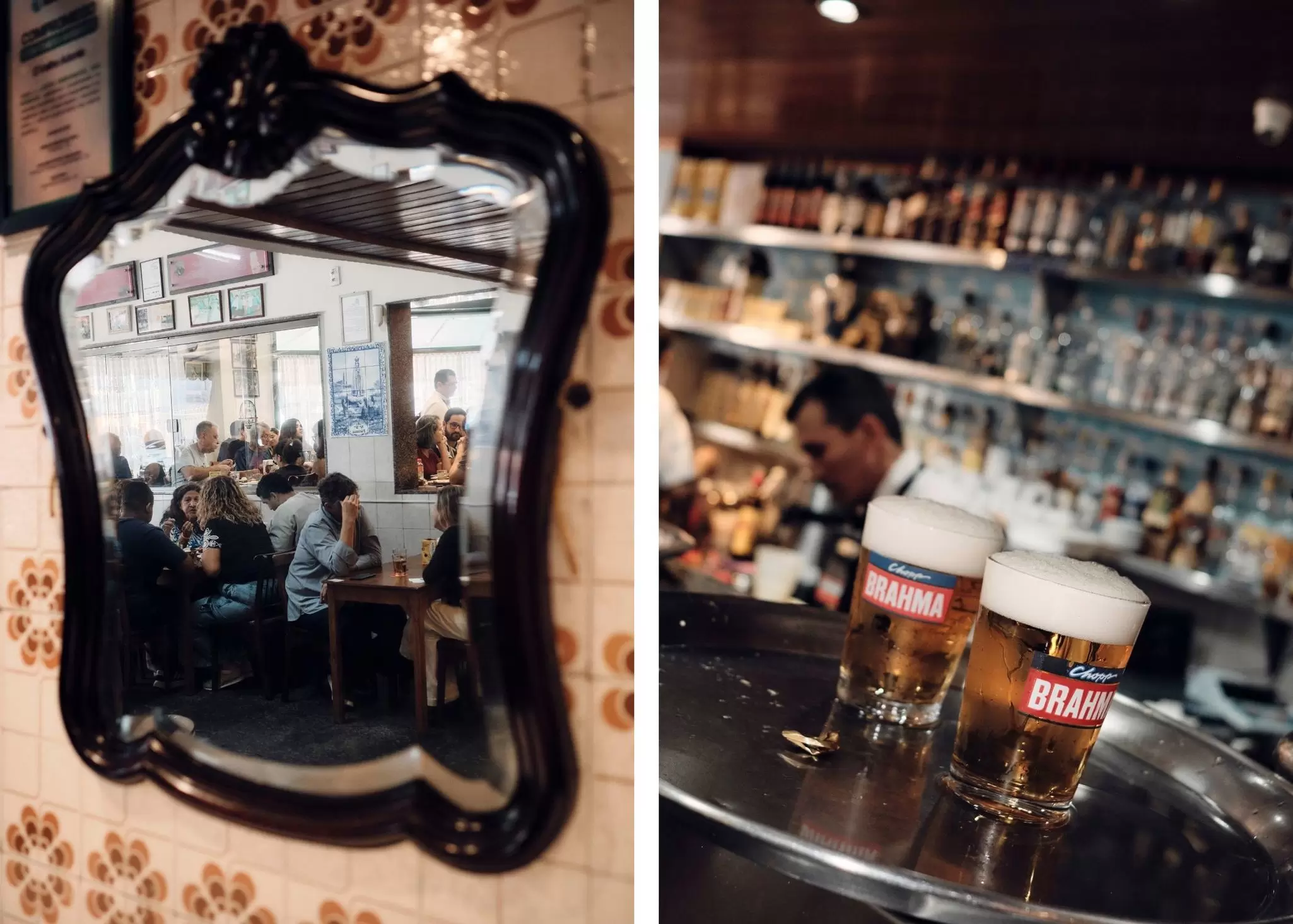 Left, looking through a mirror at the interior of bar; right, two glasses of beer on a tray.
