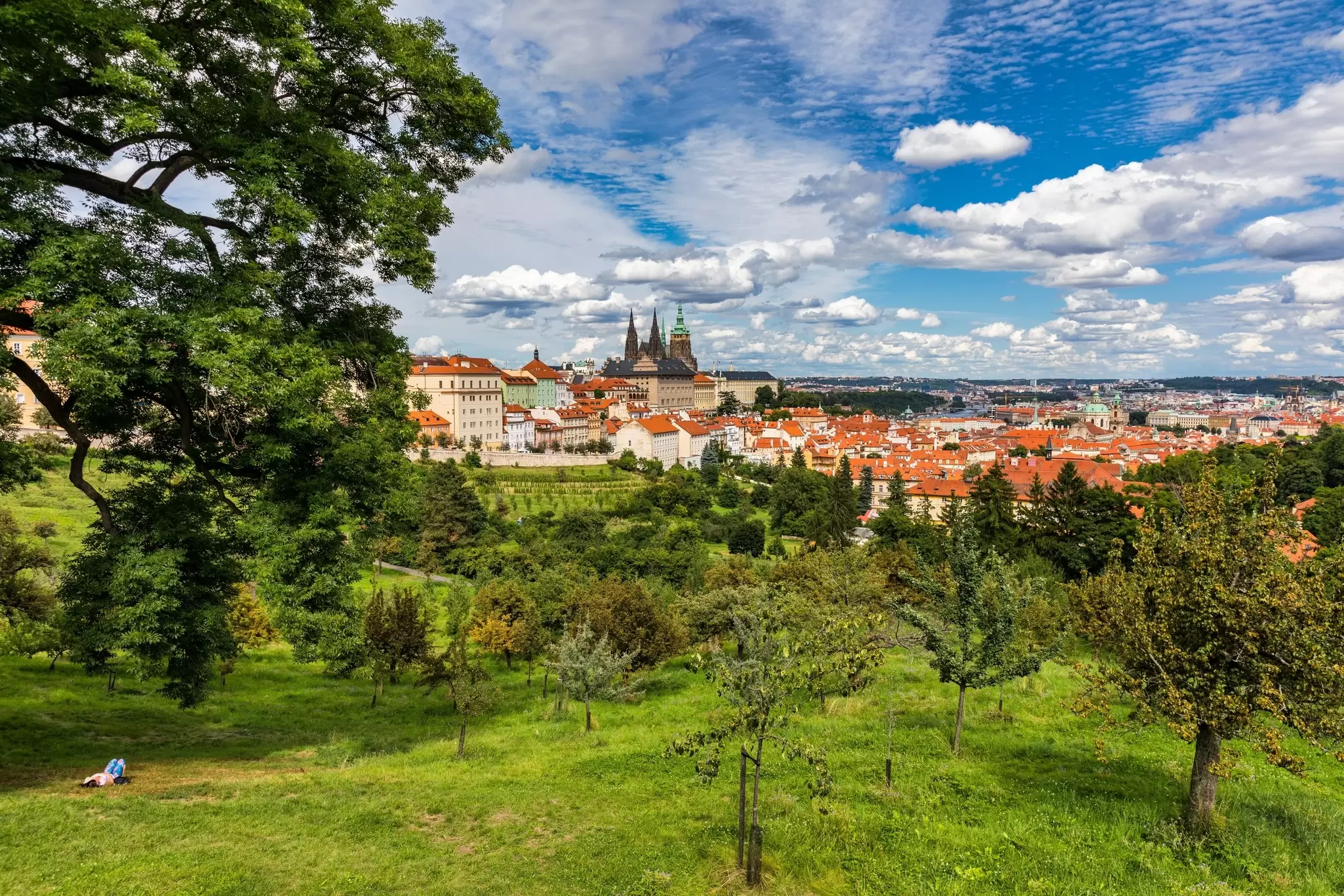 View over Prague Castle the city from green Petřín Hill in Prague, Czechia.