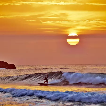 Portugal, Algarve, Sagres, Cordoama Beach, sunset above the Atlantic Ocean.