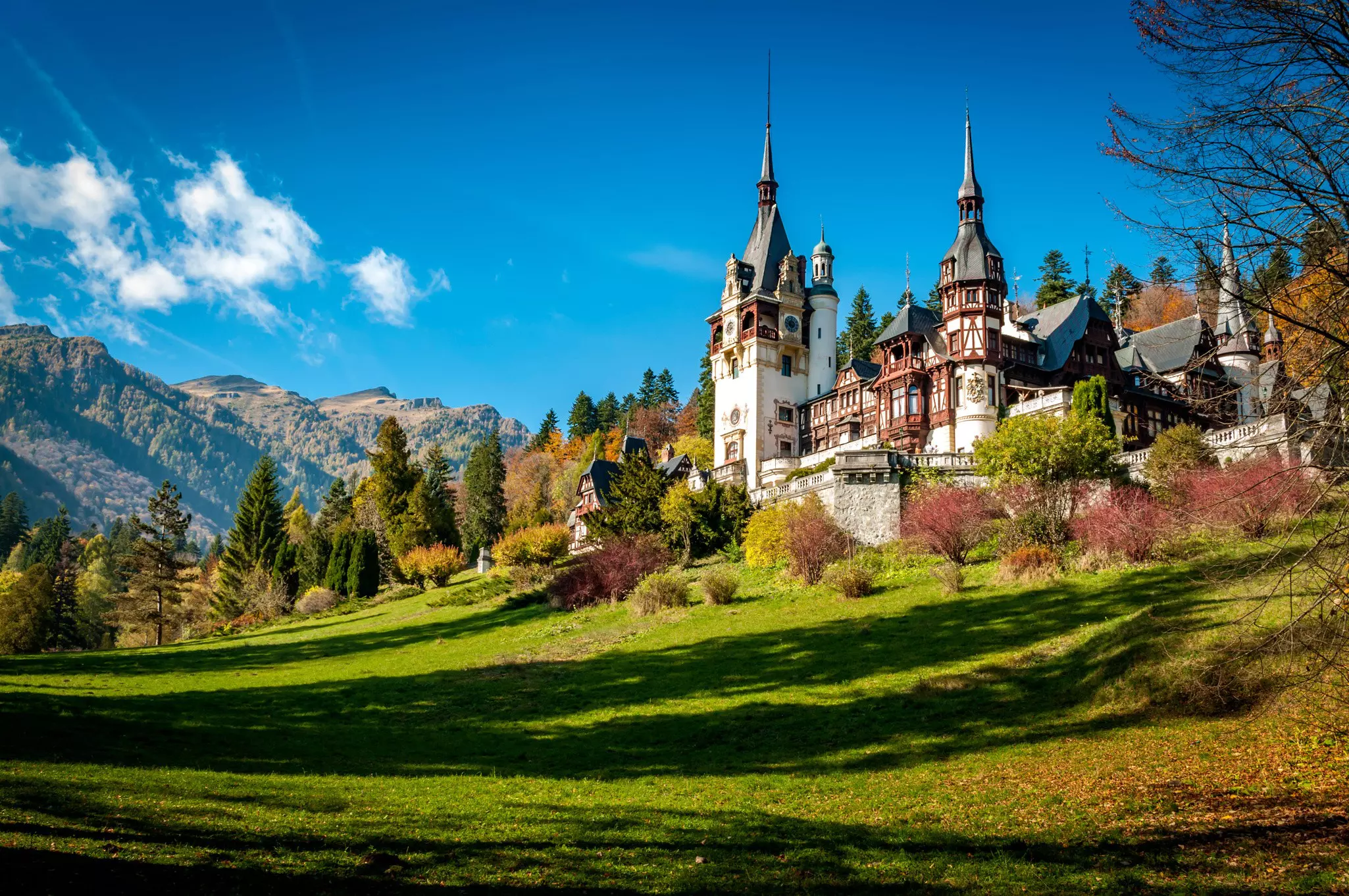 View of Peles Castle in Sinaia, in the mountains of Transylvania, Romania.