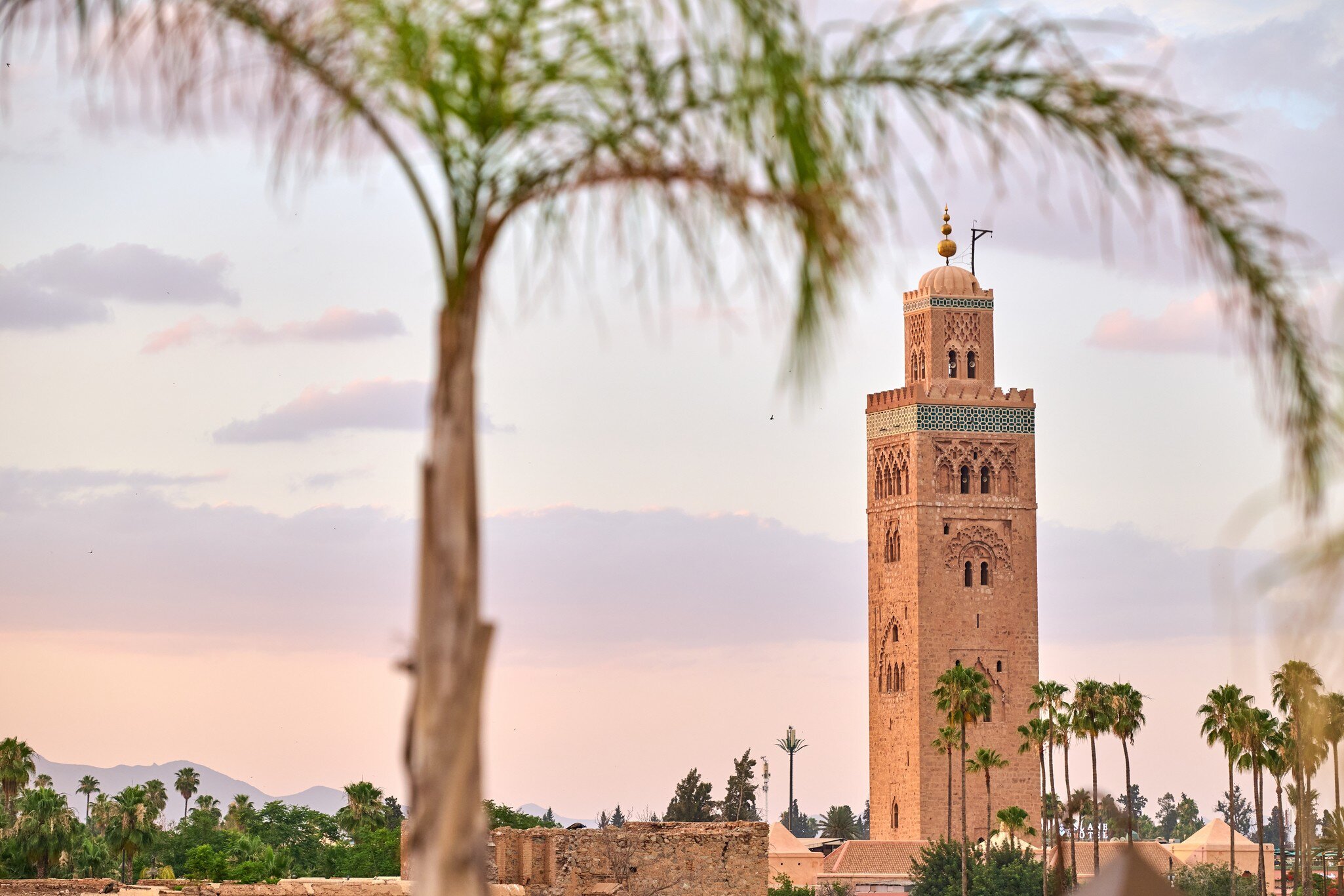 Sandstone minaret with turquoise tilework and a gold finial, framed by blurred palm fronds against a pink sky.