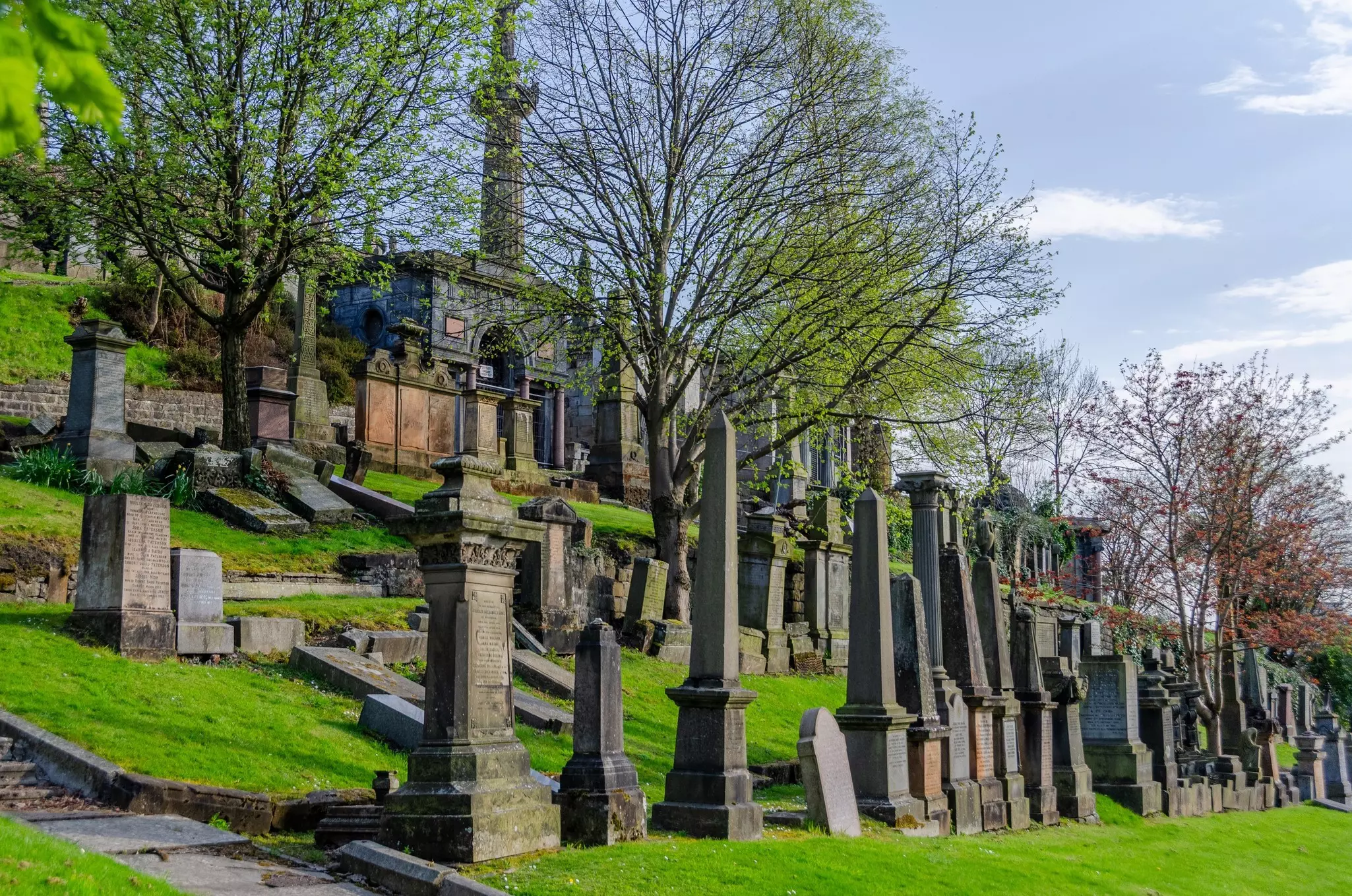 Lines of gravestones in the Glasgow Necropolis, in Glasgow, Scotland.