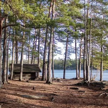 Public shelter/windbreak near frozen lake Årsjön in Tyresta national park in a winter morning