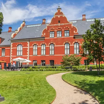 Facade of the art museum in a park in Ribe, Denmark.