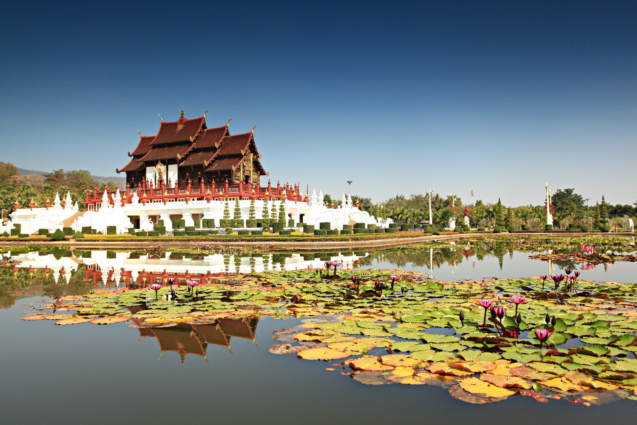 Royal Pavilion (Ho Kum Luang) Lanna style pavilion in Royal Flora Rajapruek Park botanical garden, Chiang Mai, Thailand. Reflection of pavilion in water, surrounded by lilly pads.