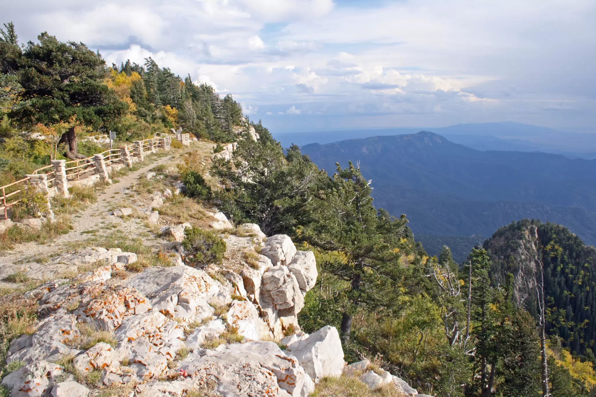 A trail along the edge of the Crest of the Sandia Mountains near Albuquerque, New Mexico in the early fall.