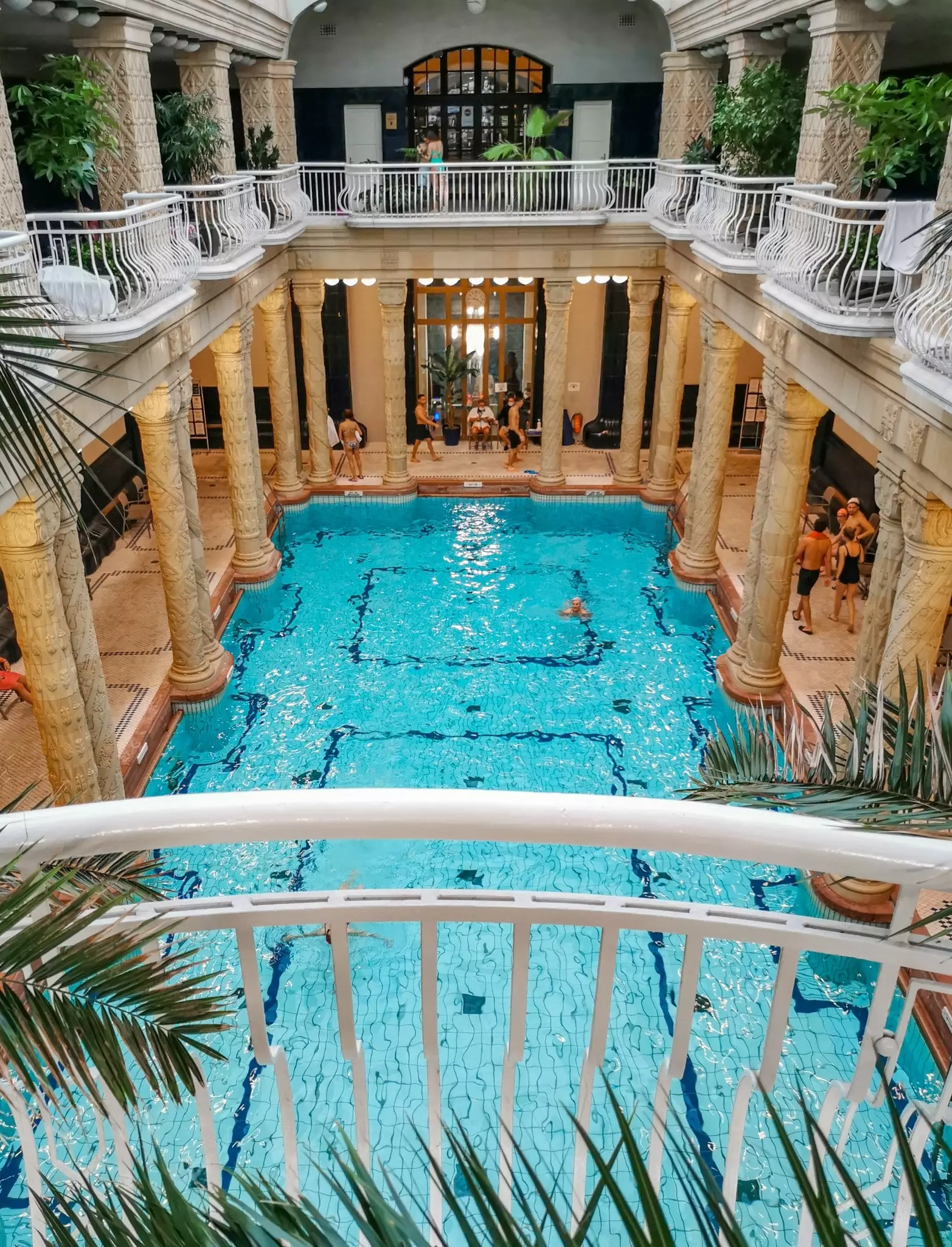 The colonnade and indoor swimming pool at Gellert spa in Budapest, Hungary