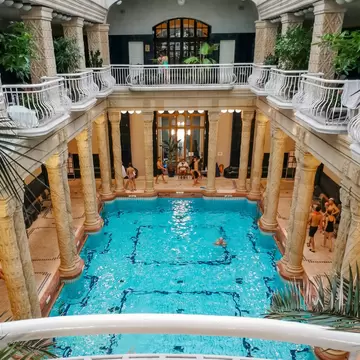 The colonnade and indoor swimming pool at Gellert spa in Budapest, Hungary
