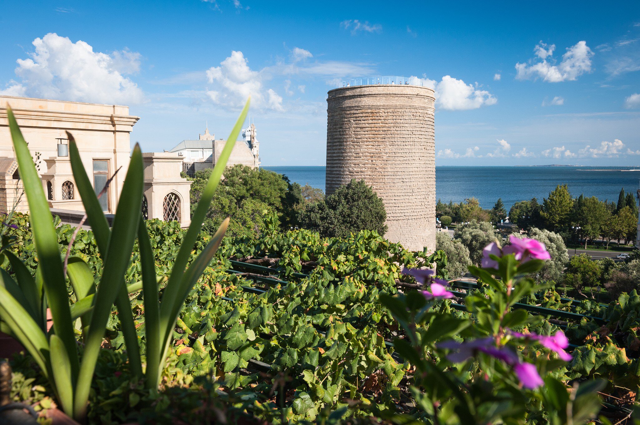 A view of the UNESCO World Heritage listed Maiden's Tower, trees in the foreground with the Caspian Sea in the background, Baku, Azerbaijan.