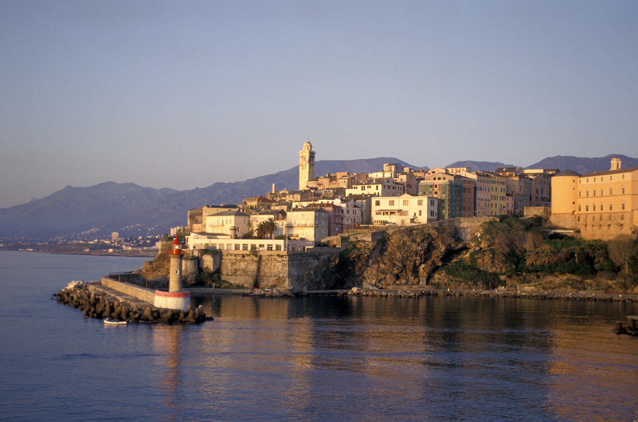 France, Corsica, Bastia, Terra-Nova And The Old Port At Sunrise, The Bell Tower Of Ste-Marie Church (Center Left)