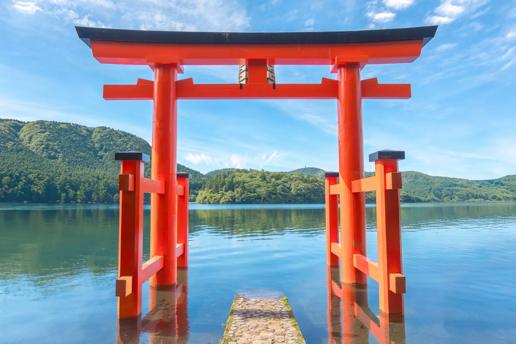 Torii gate in Japanese temple gate at Hakone Shrine.