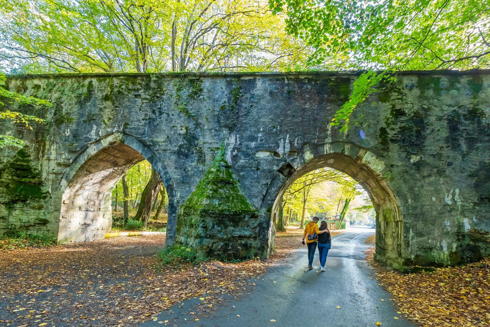Two people walk under a bridge with pointed arches in a forest.