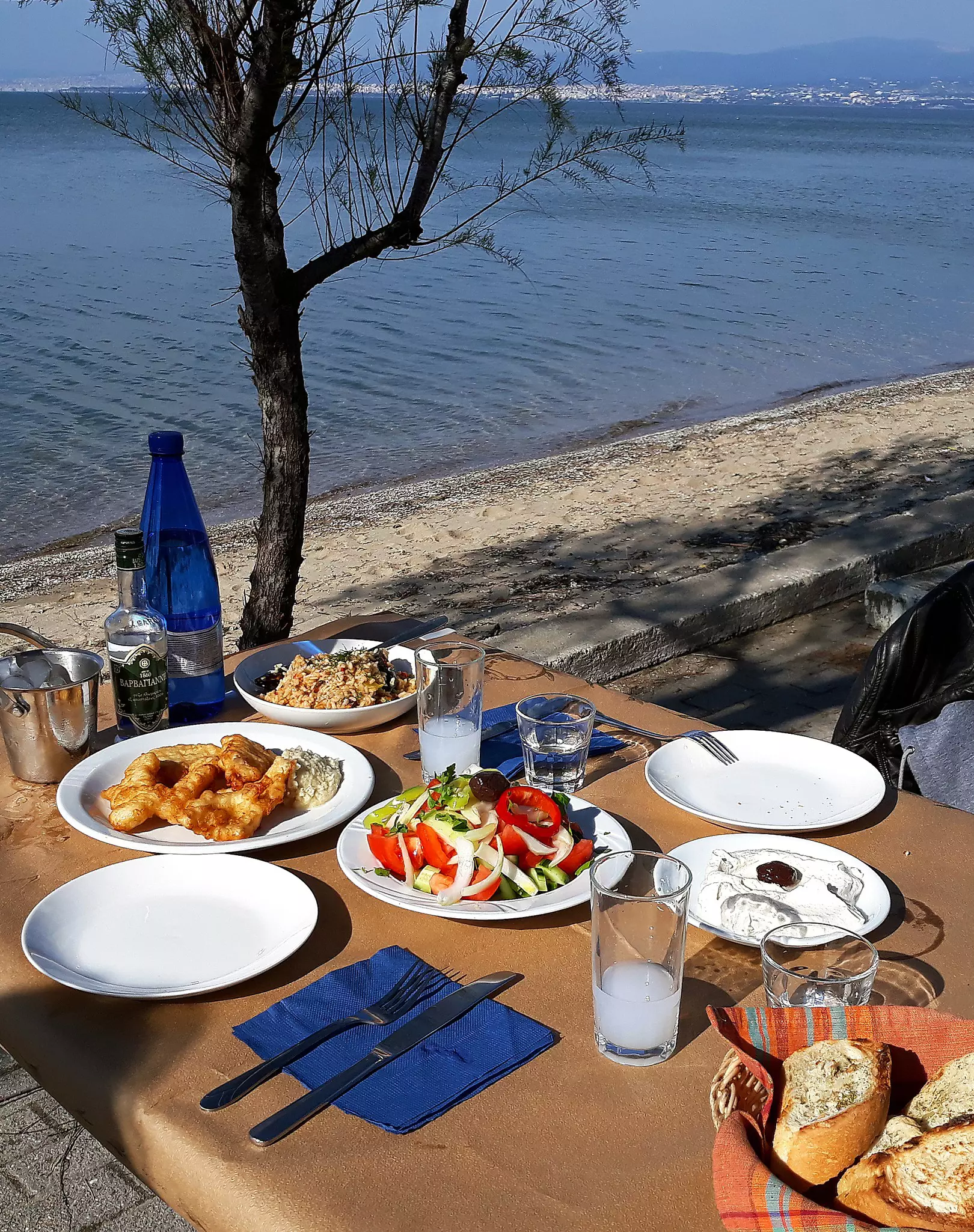 Fried cod, greek salad, tarama, mussel rice on a table with a blue napkin