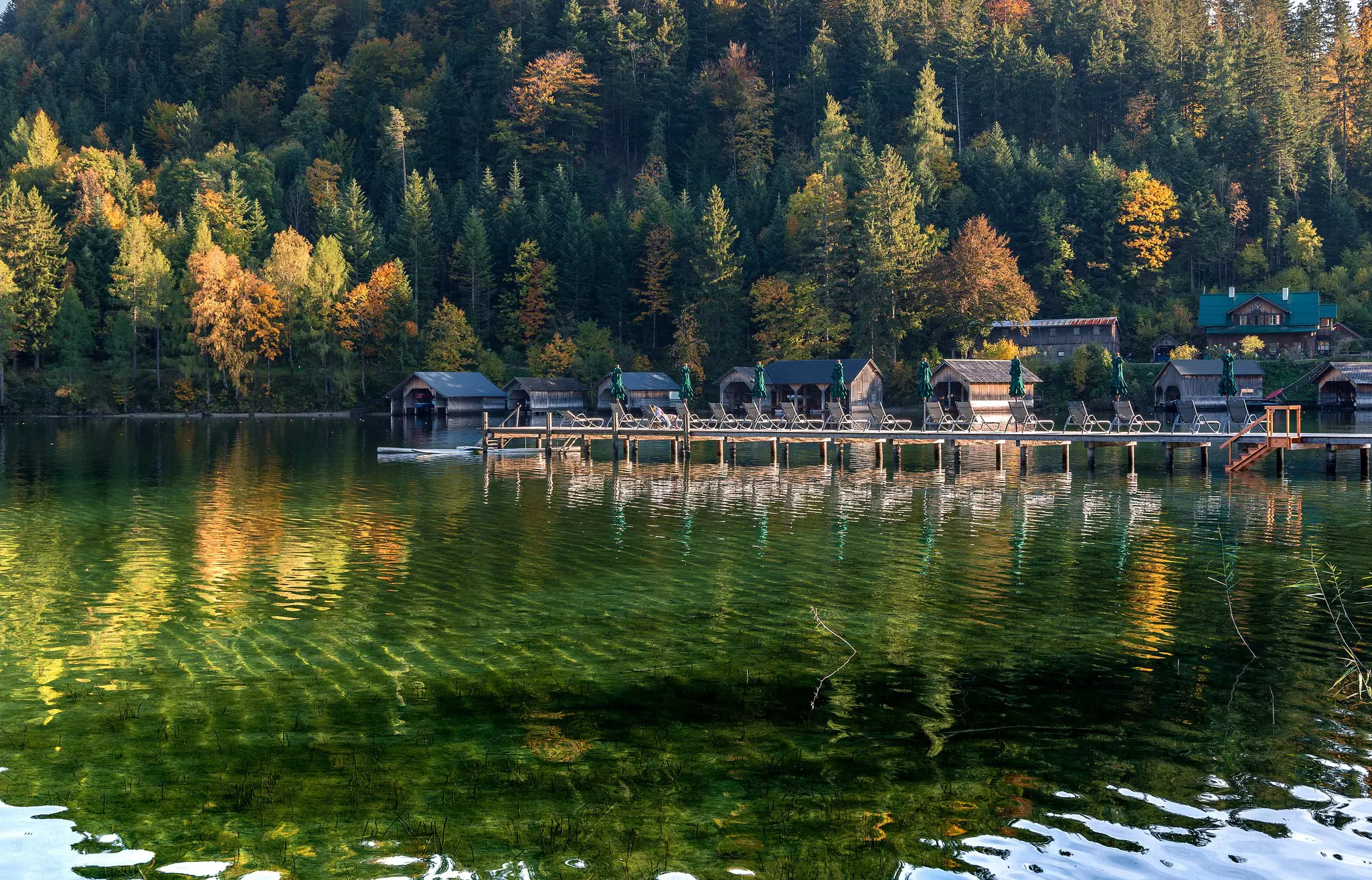 A pier with lounge chairs reflects in the rippling green surface of a lake.