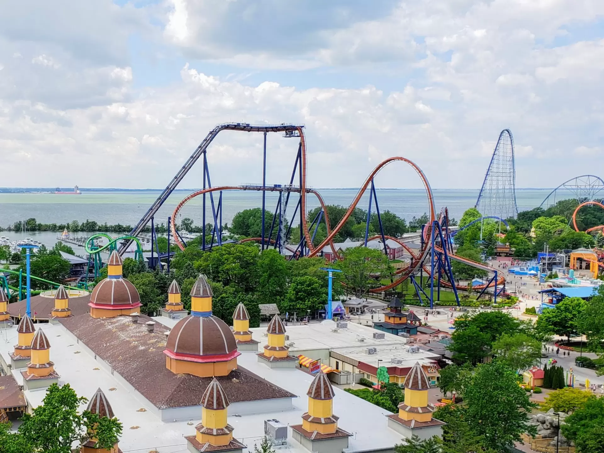 A vast theme park with several roller coasters at Cedar Point Amusement Park in Sandusky, Ohio