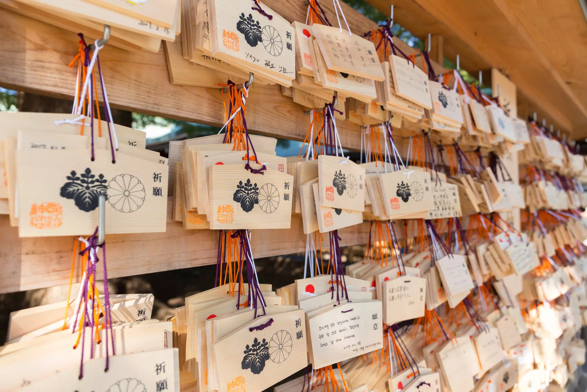 Wooden tablets bearing inscriptions and prayers hang from ribbons on wooden slats at a temple.