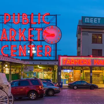 Public Market Center sign in Seattle, Washington, USA.