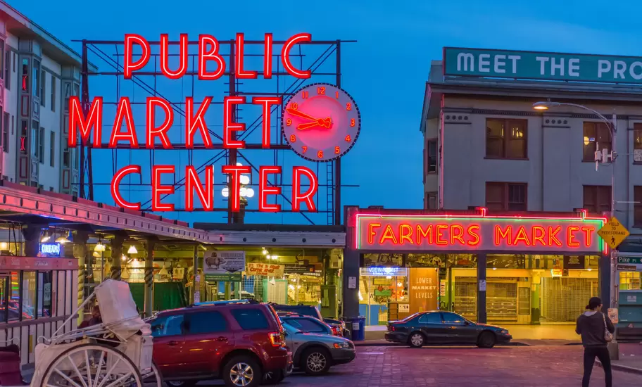 Public Market Center sign in Seattle, Washington, USA.