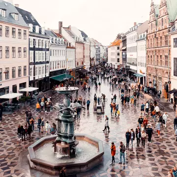 A pedestrianized shopping area with many people walking along the patterned street lined with stores.