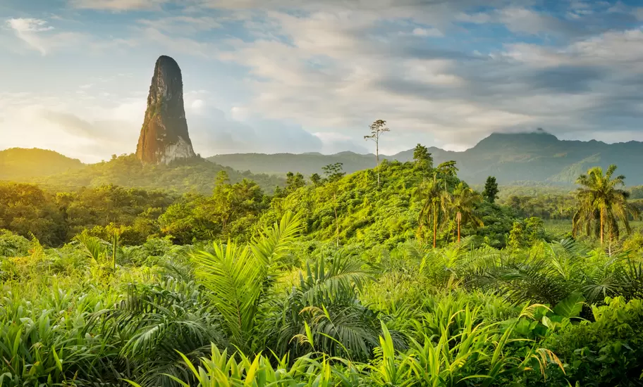Hazy light over Pico Cão Grande, São Tomé and Príncipe.