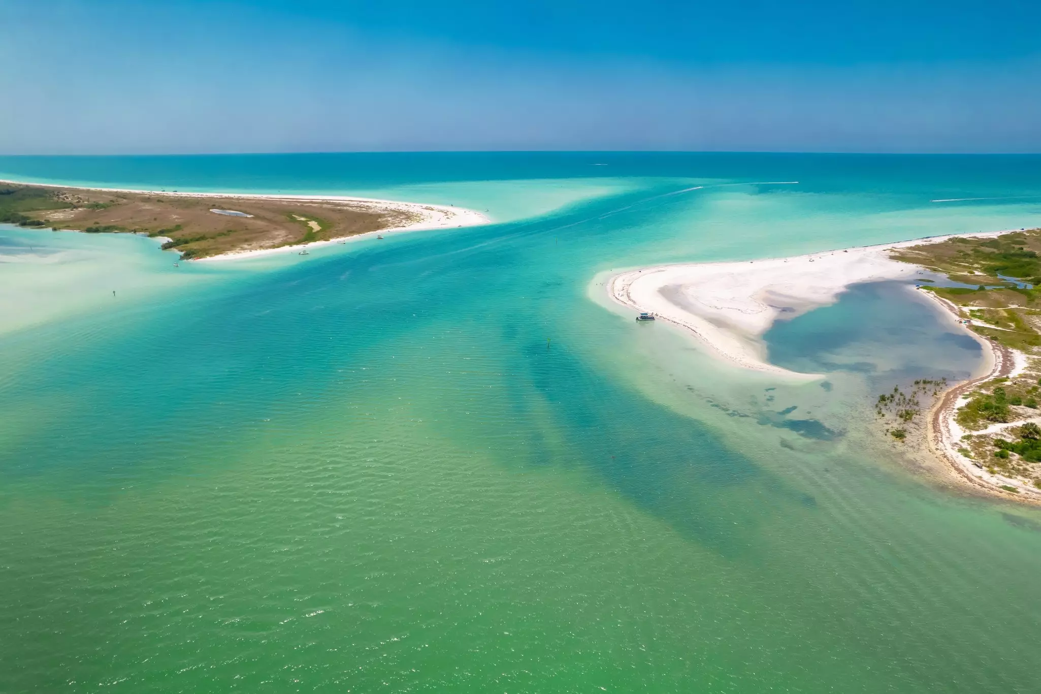 Island. Florida beach. Panorama of Caladesi island and Honeymoon Island State Park. Summer vacation in USA. Blue-turquoise color of salt water.