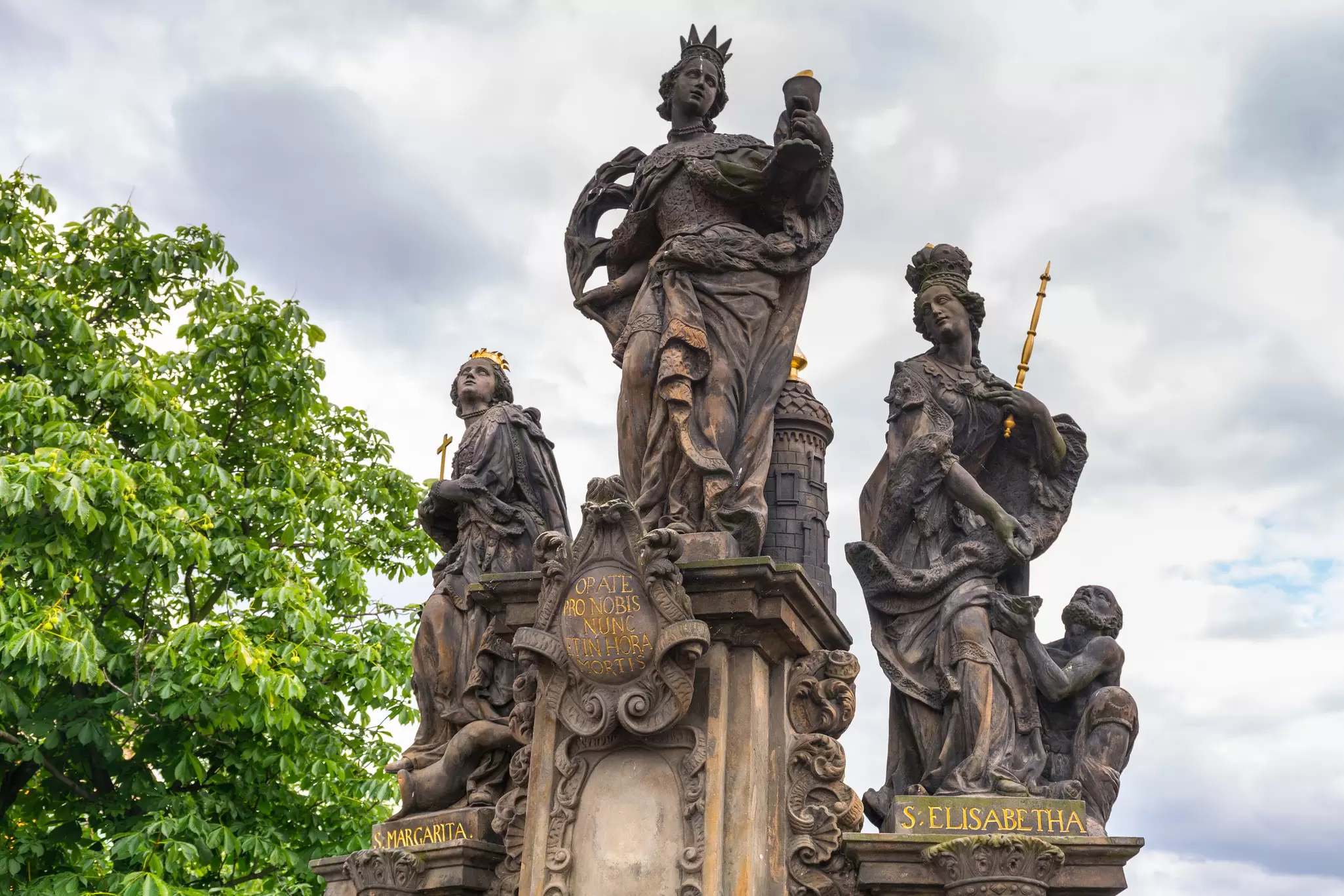 Statues on Charles Bridge in Prague, Czechia.