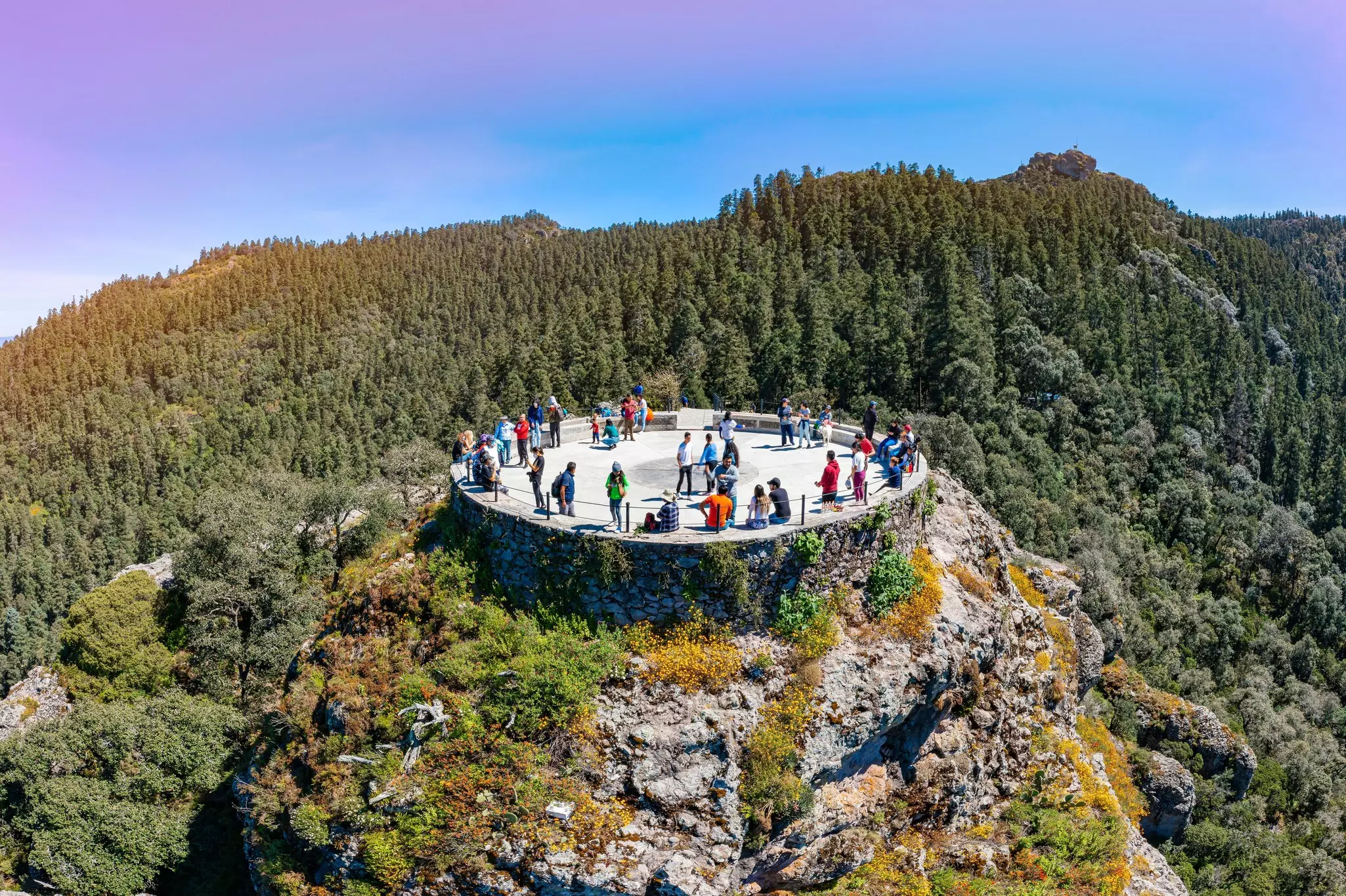 Panoramic aerial view of the famous viewpoint called Pena del Cuervo very close to the magical town of Mineral del Chico