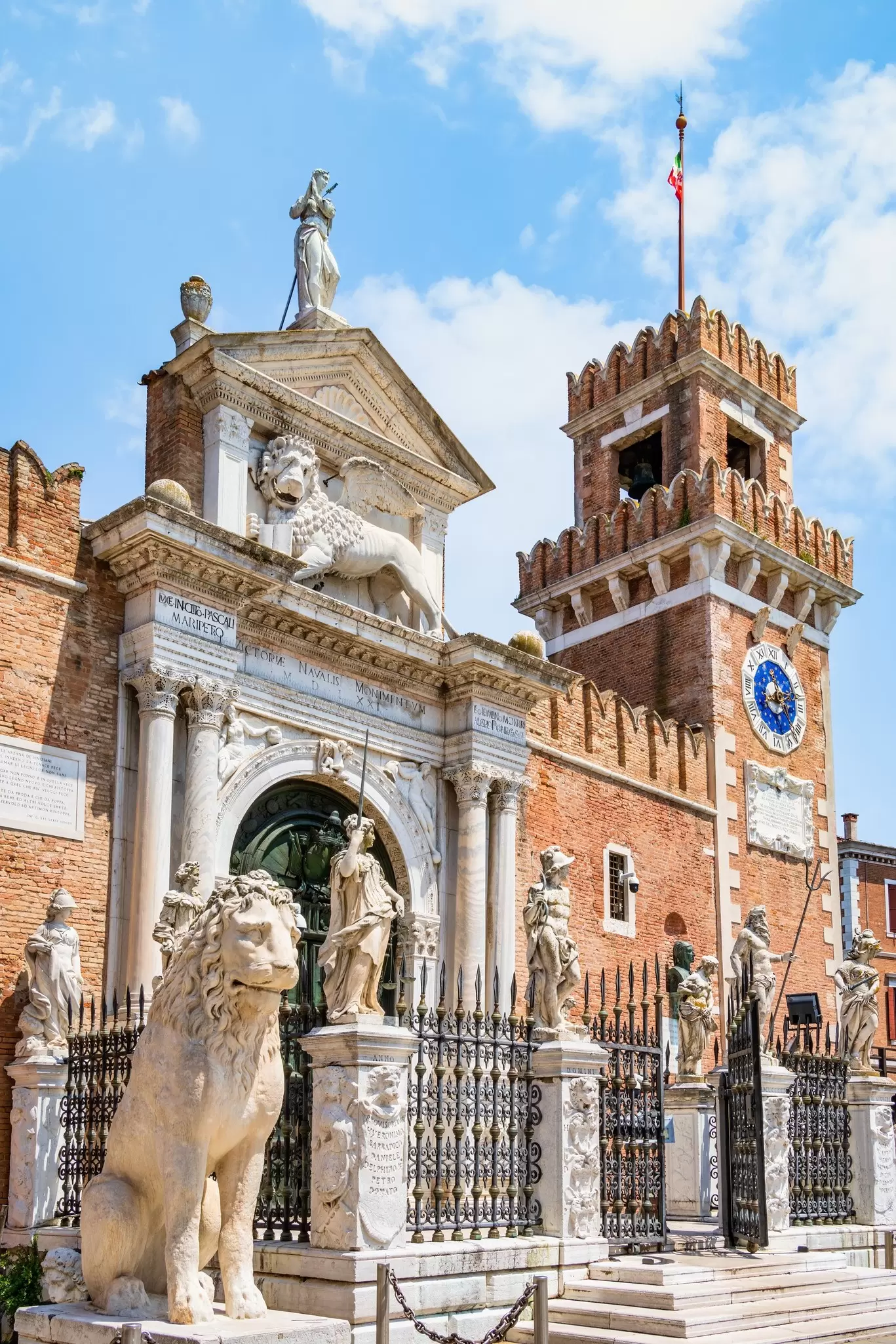 View of the Porta Magna with the Piraeus Lion at the Arsenale in Venice, Italy.