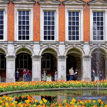 View of the Fountain Court cloisters at Hampton Court Palace in London, United Kingdom.