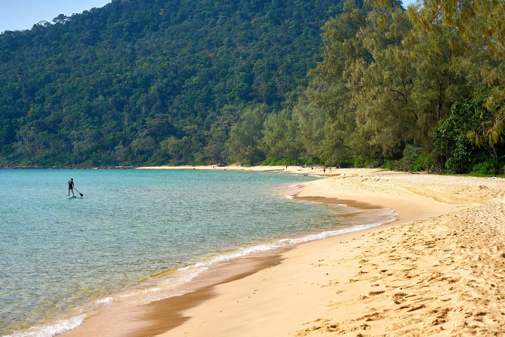 A person on a paddleboard in a cove of blue water; golden sand lines the shore, backed by dense vegetation. There are a few people in the distance down the beach.