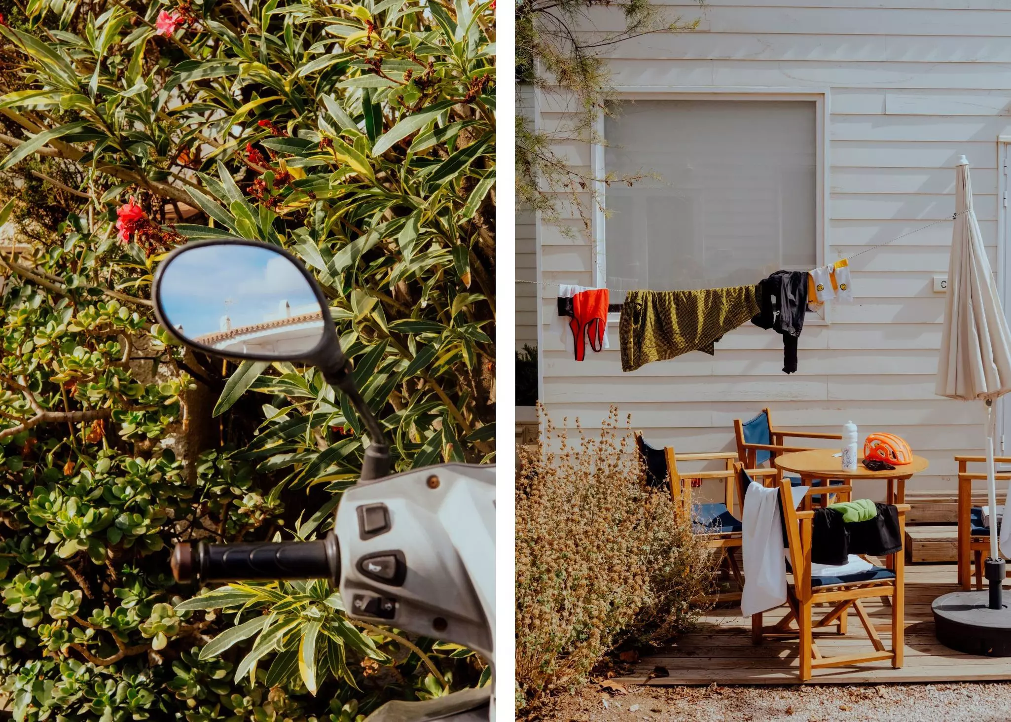 Left, a motorbike mirror surrounded by green plants and pink flowers; right, a table, chairs, and clothing line with biking hear hanging on them.