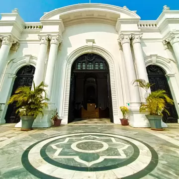 Facade of Ujjayanta Palace, a museum and the former palace of the Kingdom of Tripura situated in Agartala Rajbari, Tripura, India.