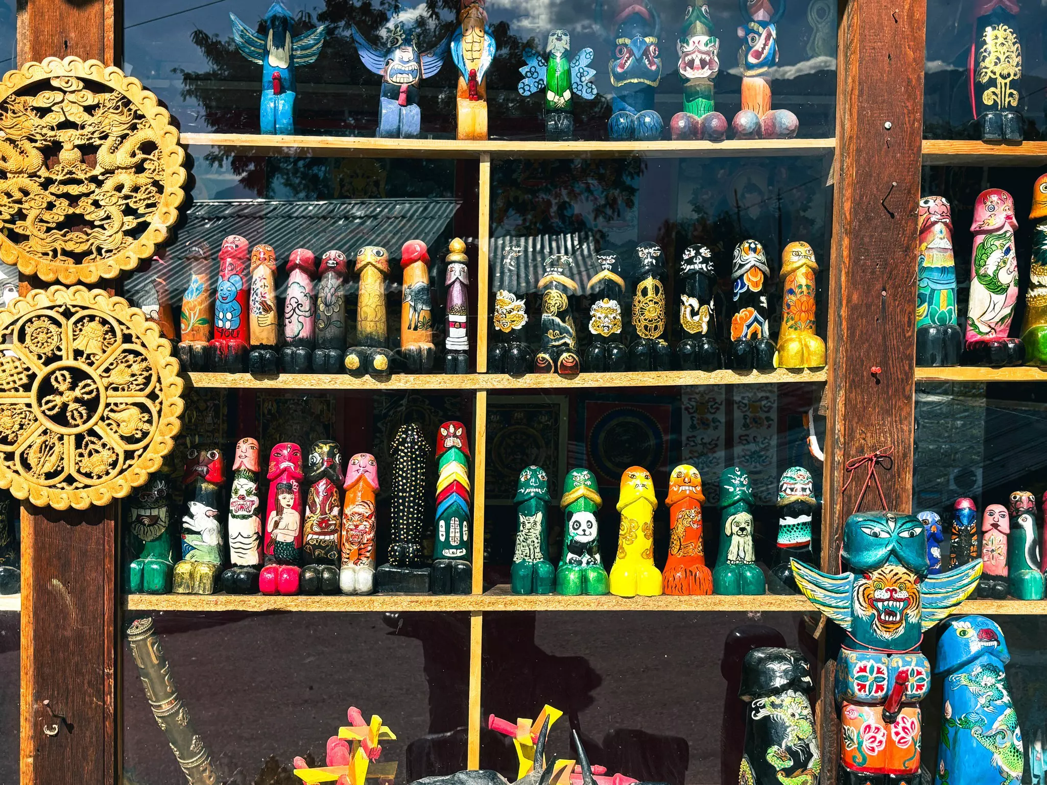 Phallus symbols for sale in a shop at Chimi Lhakhang in Bhutan.