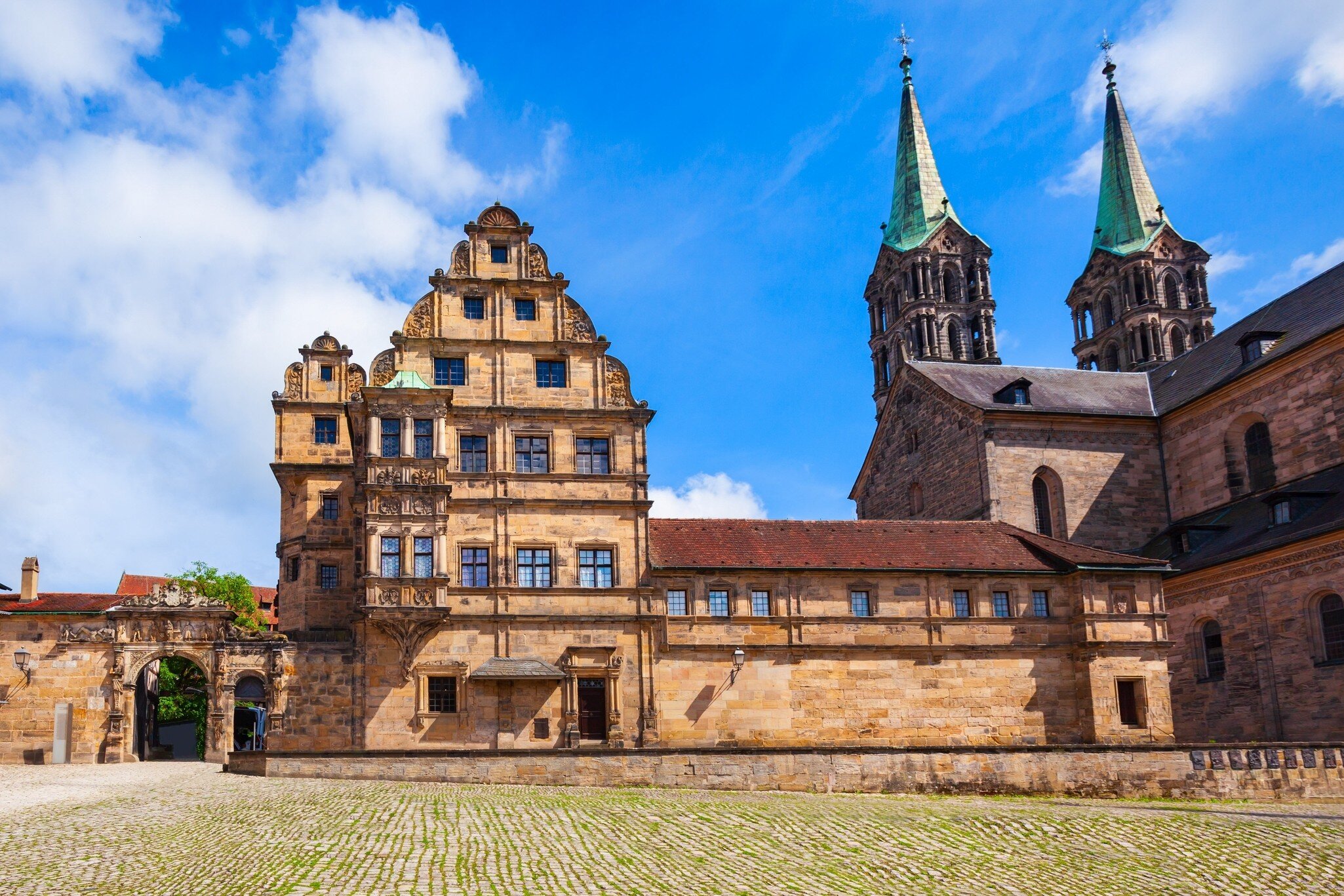 Facade of the Historical Museum in the Old Court of Bamberg at Domplatz square in Germany.