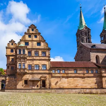 Facade of the Historical Museum in the Old Court of Bamberg at Domplatz square in Germany.