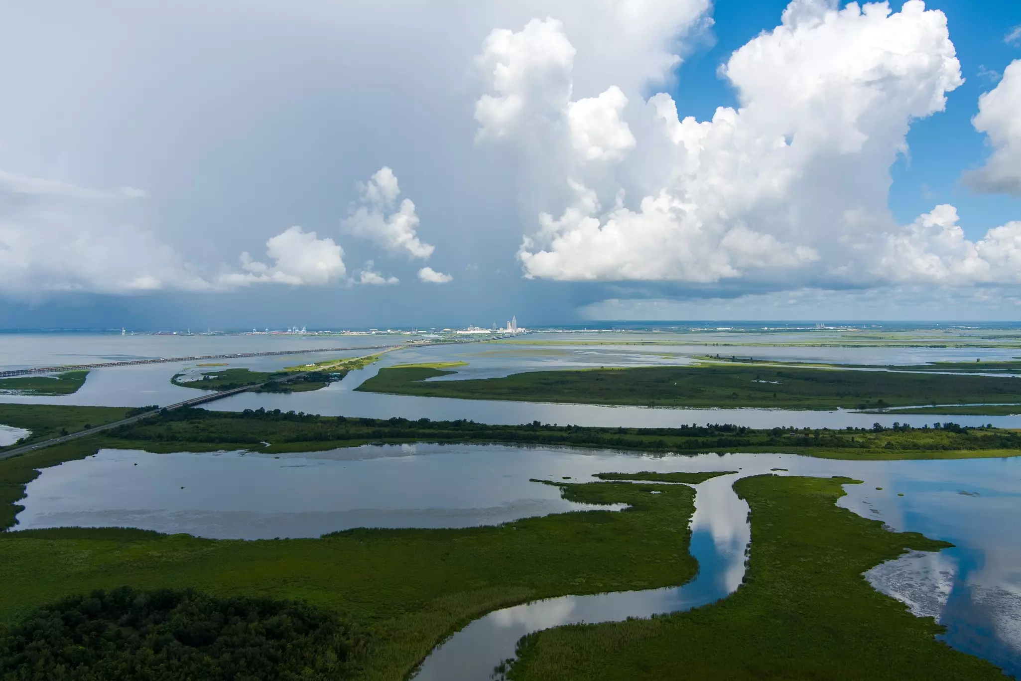 Aerial view of Mobile Bay and the Alabama Gulf Coast from above 5 Rivers Delta Resource Center in Spanish Fort, Alabama