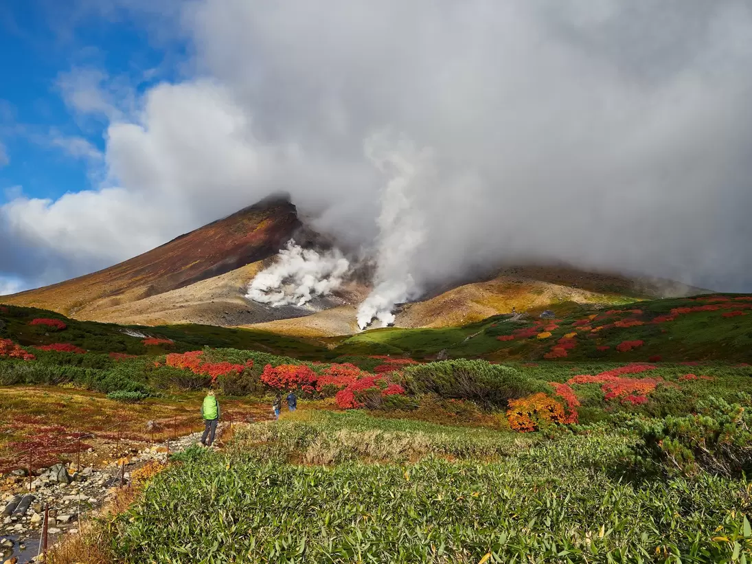 A hiker on a path in a meadow leading to a mountain shrouded in steam from vents in the earth.