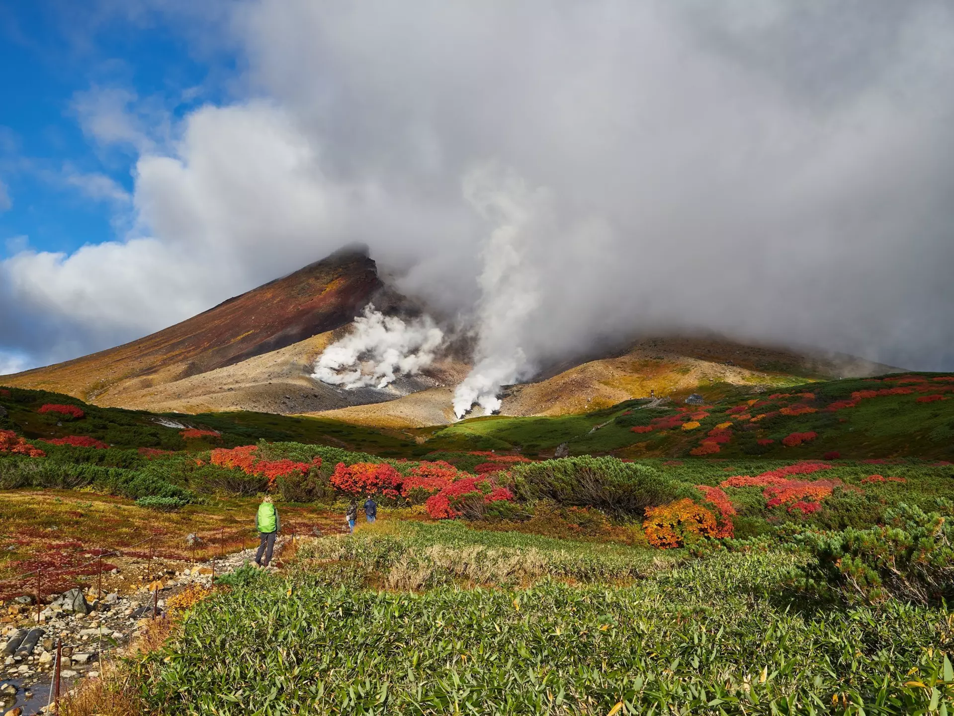 A hiker on a path in a meadow leading to a mountain shrouded in steam from vents in the earth.