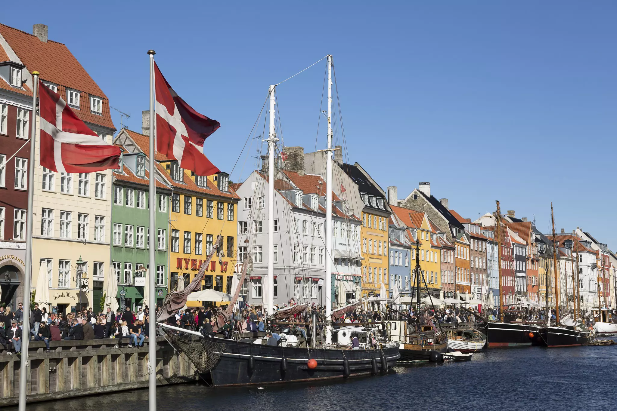 Boats along the quay at Nyhavn, Copenhagen, Denmark.