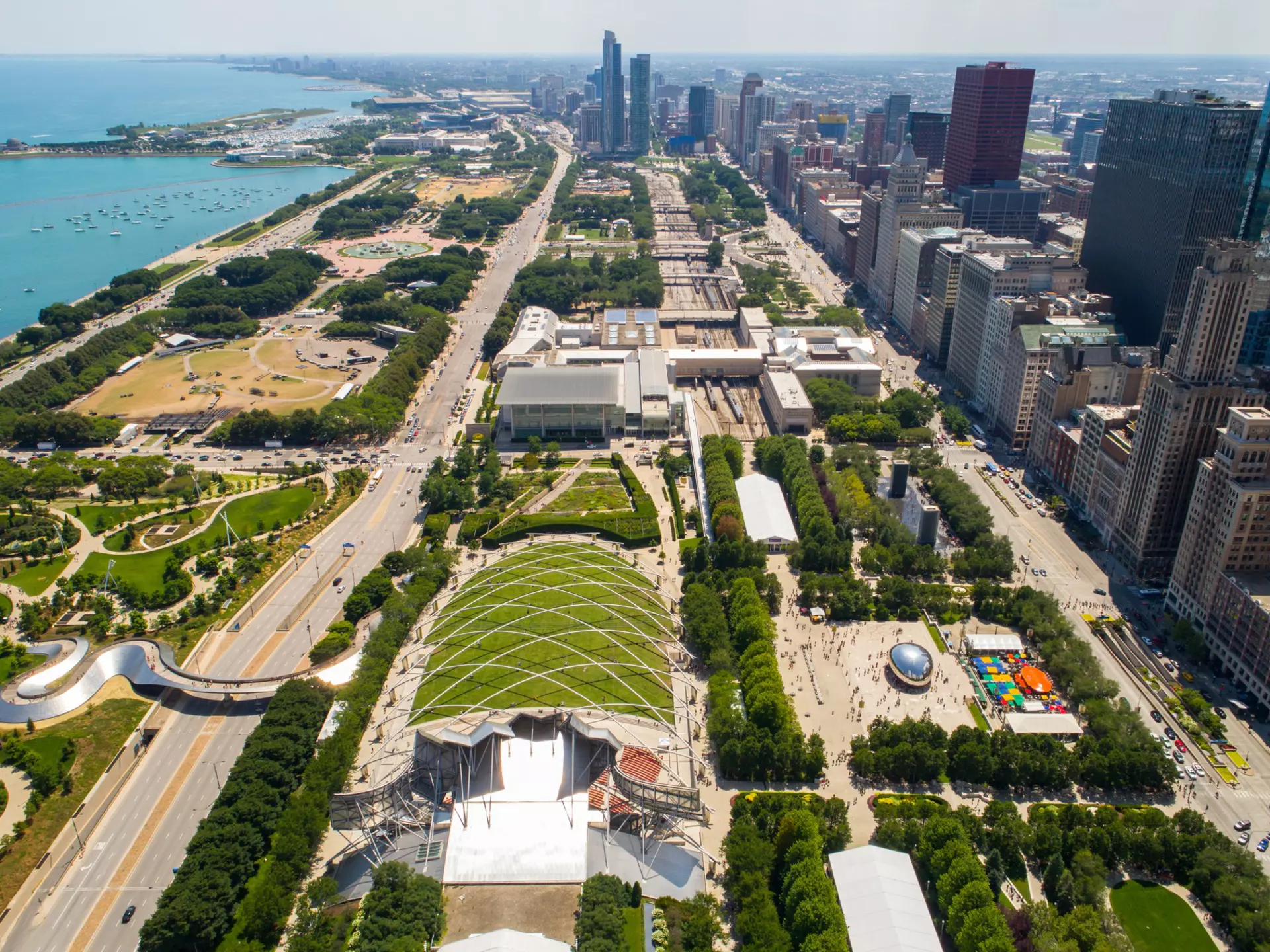 Aerial image of Millennium Park and Cloud Gate in Chicago, Illinois. 