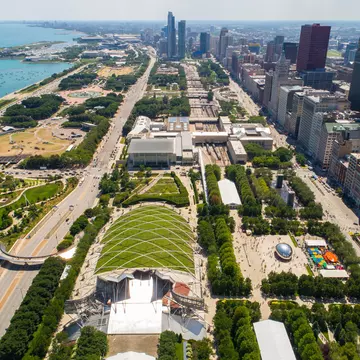 Aerial image of Millennium Park and Cloud Gate in Chicago, Illinois. 