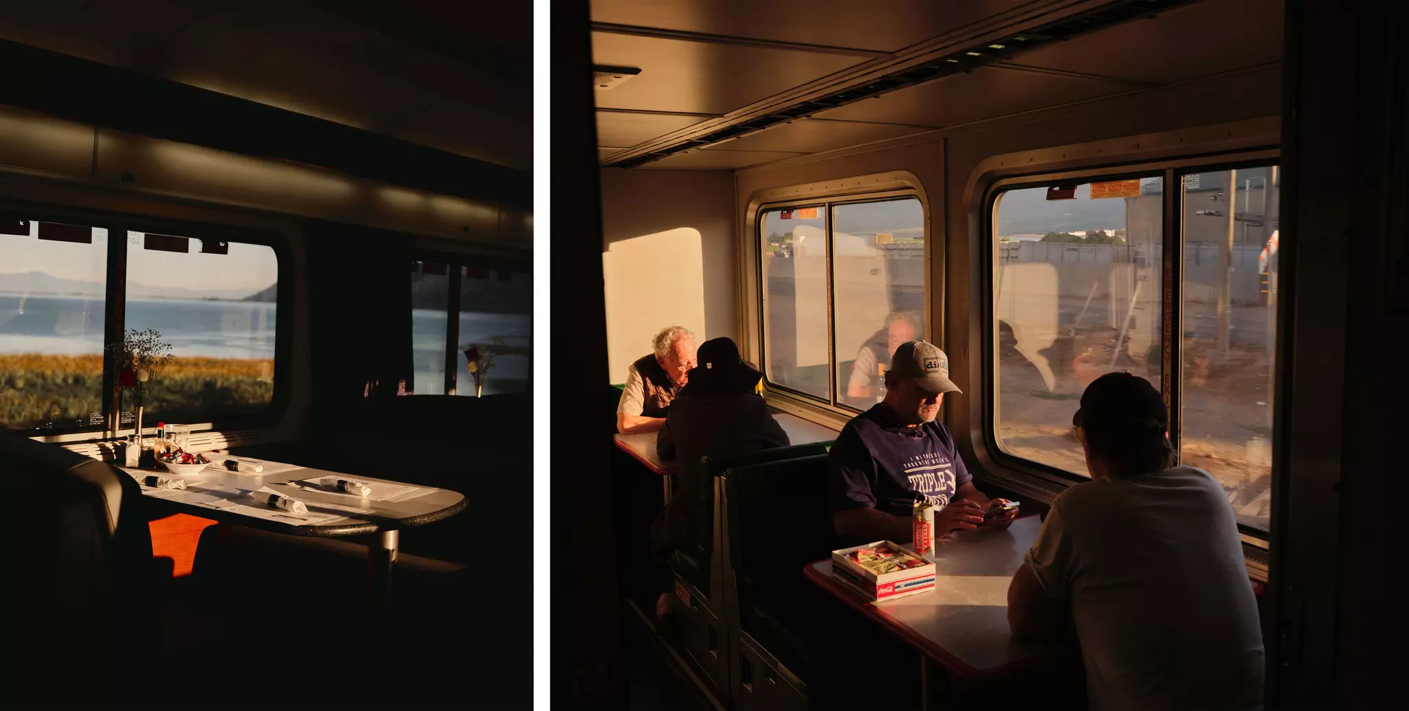 Left, a set table in the dining car. Right, passengers sit at tables.