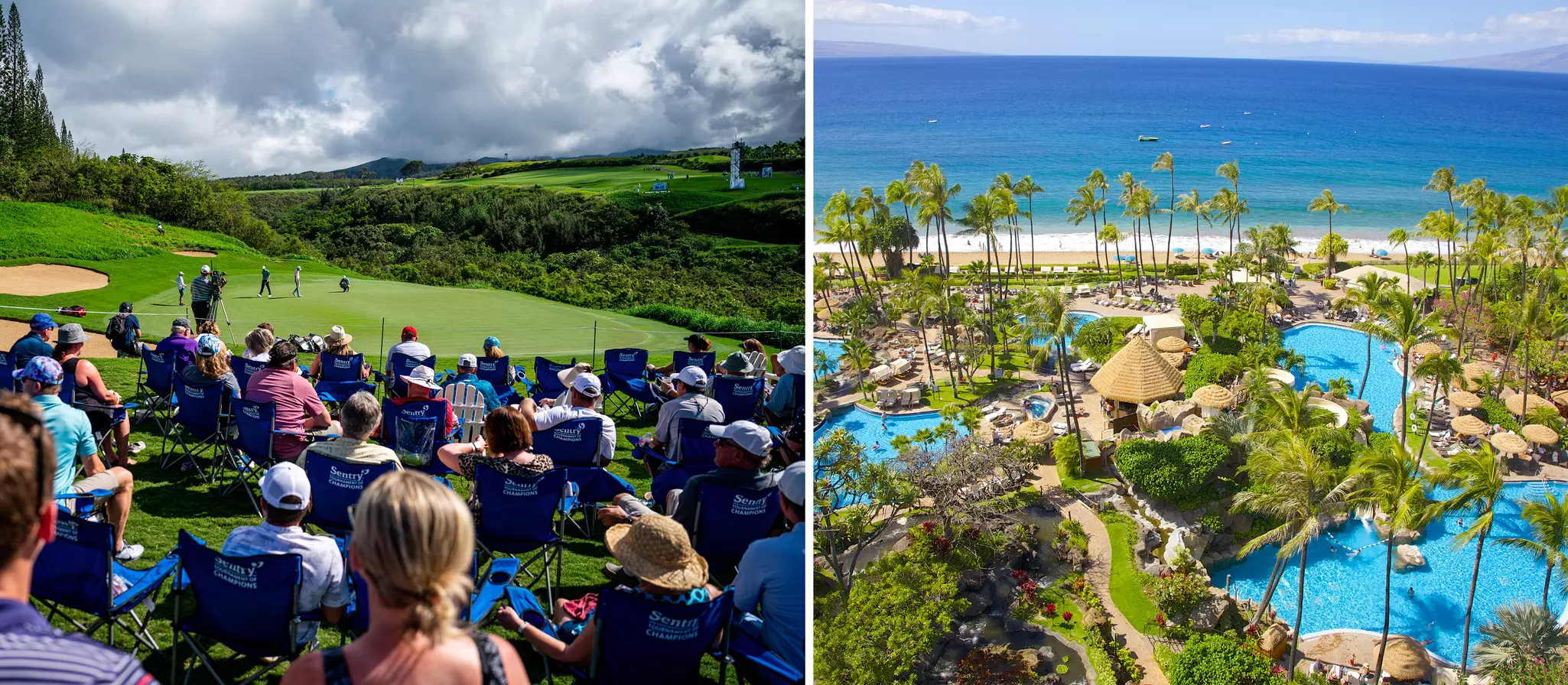 Left: A golf tournament in Kapalua, Lahaina, Maui, Hawaii, USA; right: an aerial view of the Westin Maui Resort & Spa, Ka'anapali, Maui, Hawaii, USA