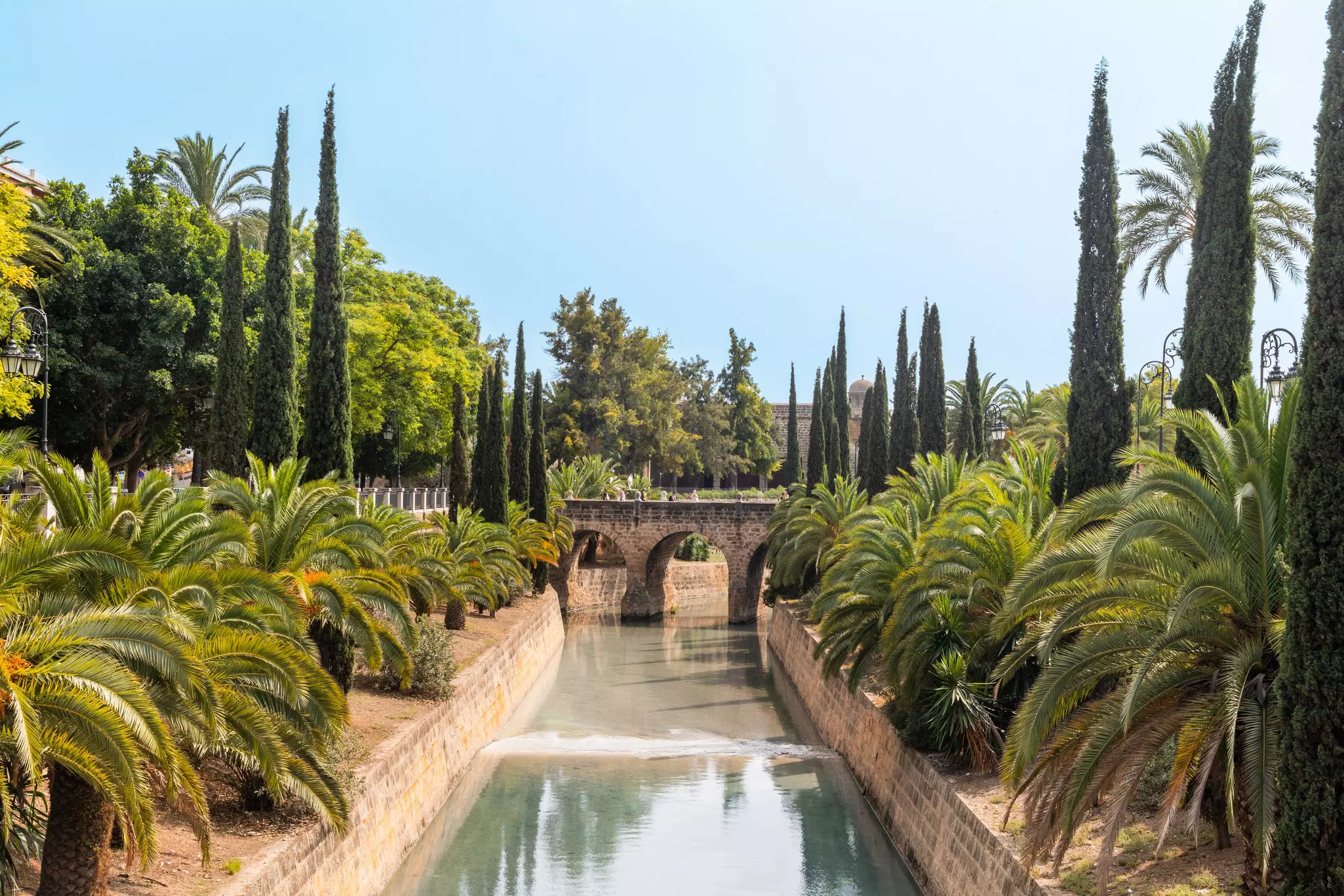 A serene canal lined with palm trees and cypress leading to a stone bridge 