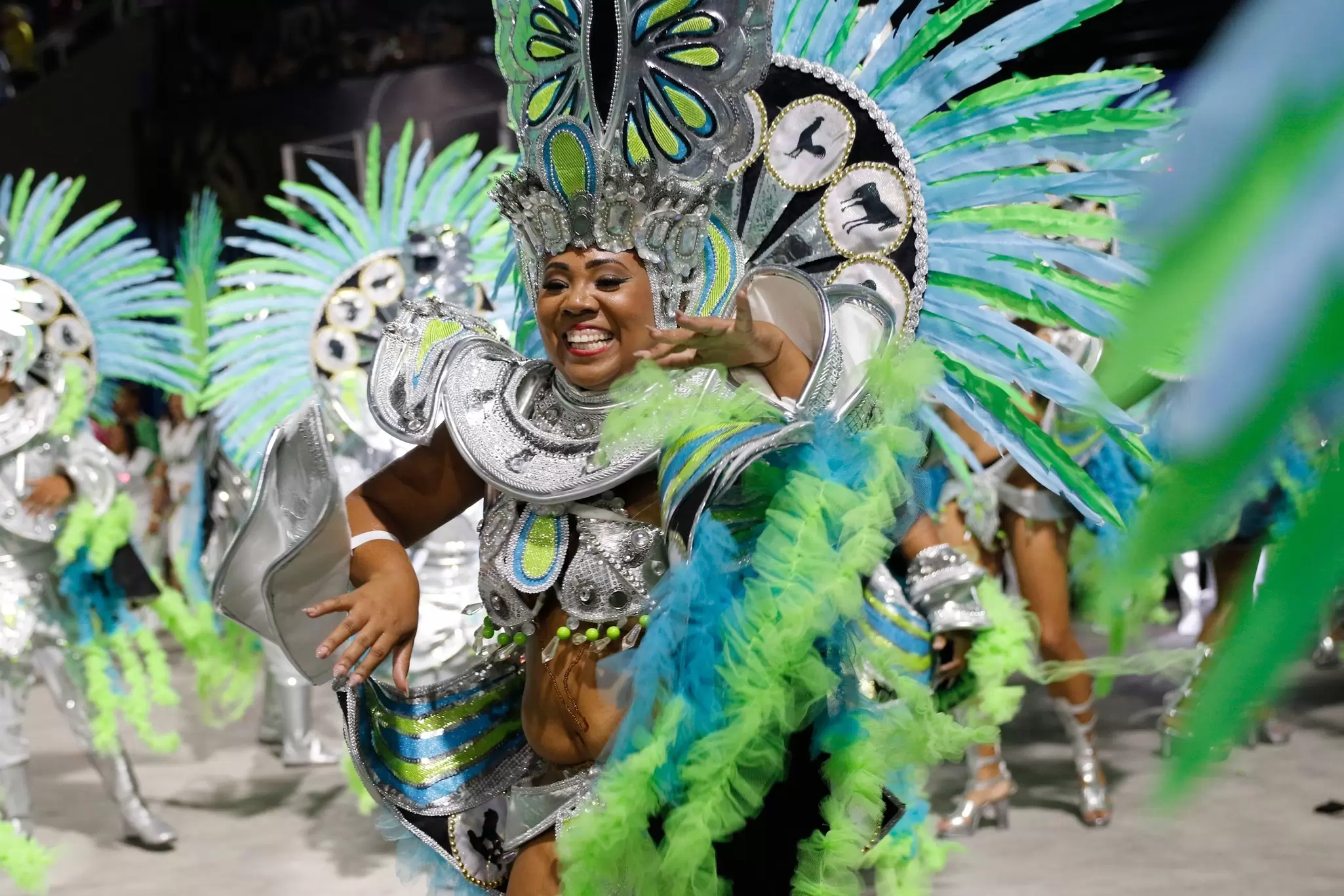 View of a dancer performing in the Samba school parade in the Rio de Janeiro Carnival.