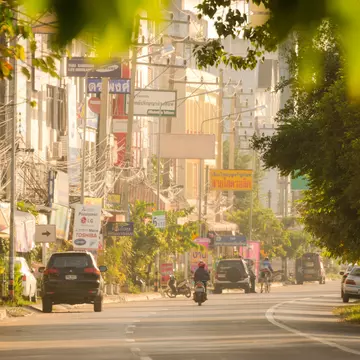 Cars and a motorcycle drive down a peaceful street lined with signs and bathed in sunlight