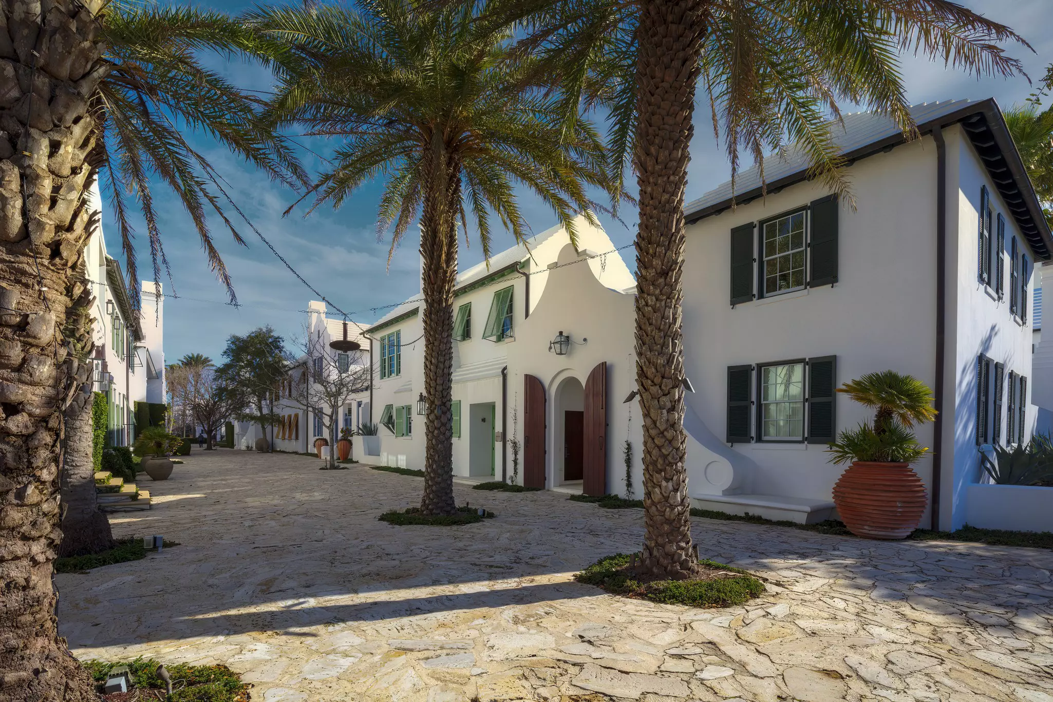 Picturesque street scene in Alys Beach on the Emerald Coast in Florida