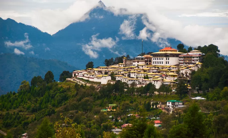 Wide perspective of the Tawang Monastery in the Himalayan foothills. Arunachal Pradesh, India.
