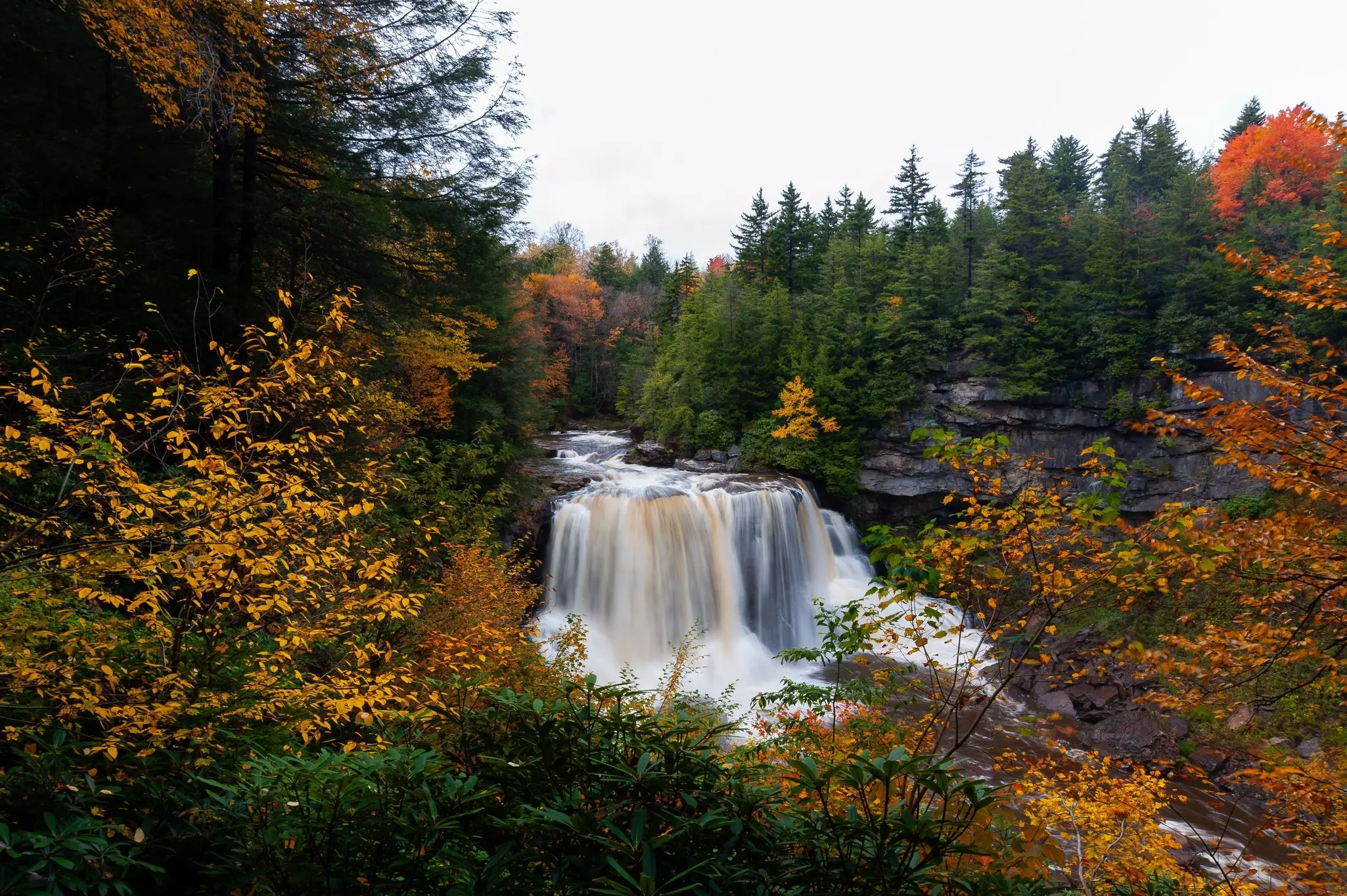 An autumn view of the roaring Blackwater Falls in Blackwater Falls State Park, West Virginia